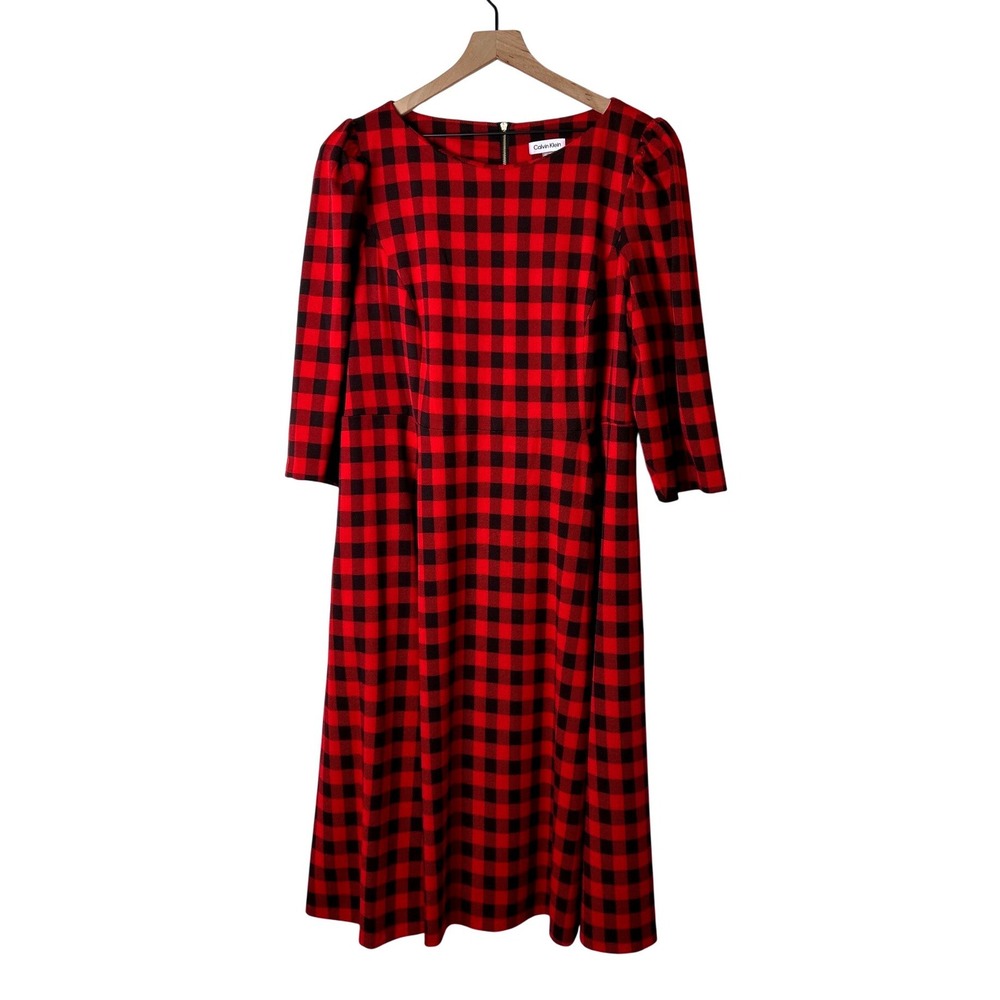 Calvin Klein Women Buffalo Plaid Midi Dress Size 20W Red Black Holiday Festive